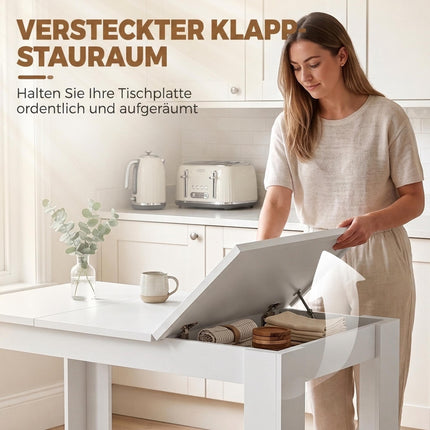 White Dining Table with Hidden Storage, 120x60 cm