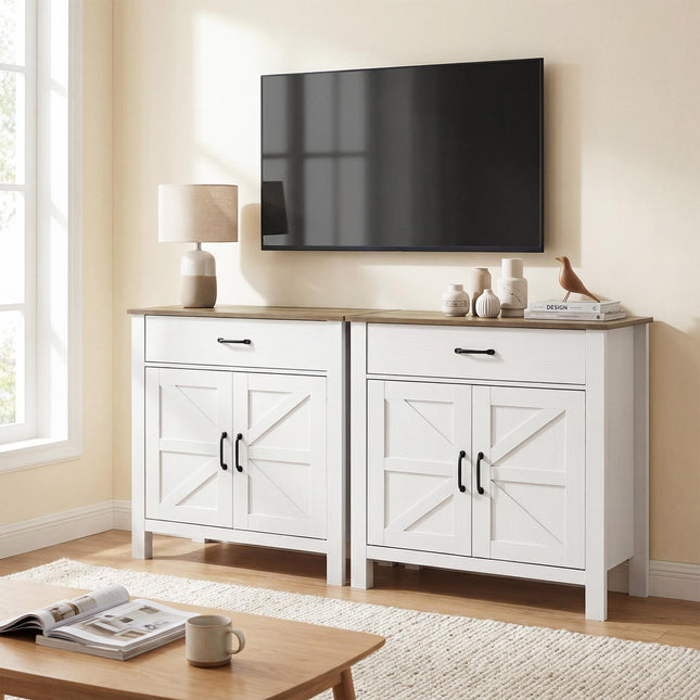 White Farmhouse Sideboard with Sliding Doors and Adjustable Shelf