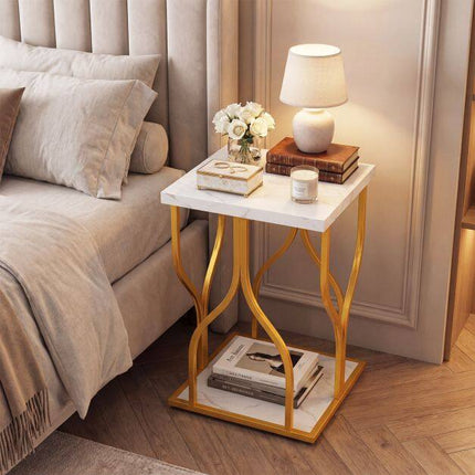 White Faux Marble Bedside Table with Gold Metal Frame
