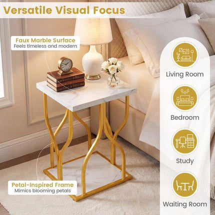 White Faux Marble Bedside Table with Gold Metal Frame