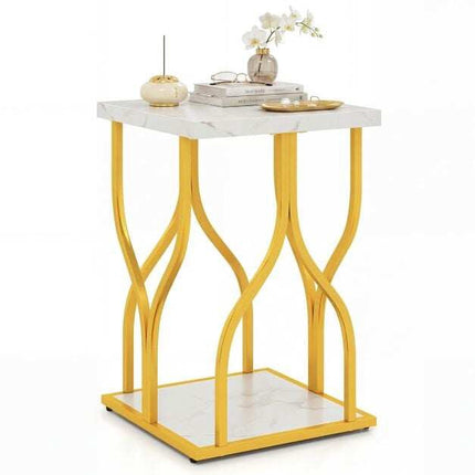 White Faux Marble Bedside Table with Gold Metal Frame