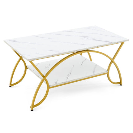 White Faux Marble Coffee Table, 2-Tier, Gold Legs, 100x50x45 cm