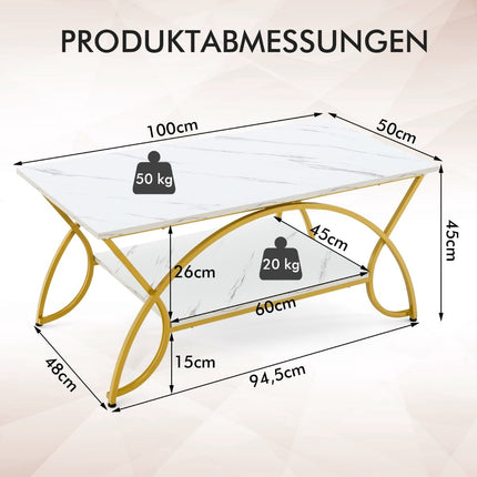 White Faux Marble Coffee Table, 2-Tier, Gold Legs, 100x50x45 cm
