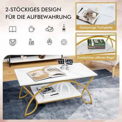 White Faux Marble Coffee Table, 2-Tier, Gold Legs, 100x50x45 cm