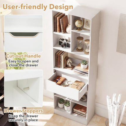White Freestanding Bookshelf with 8 Open Cubes and Drawer