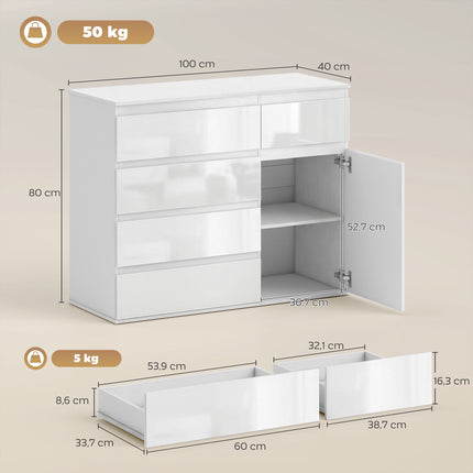 White Gloss Sideboard with 5 Drawers and Adjustable Shelf