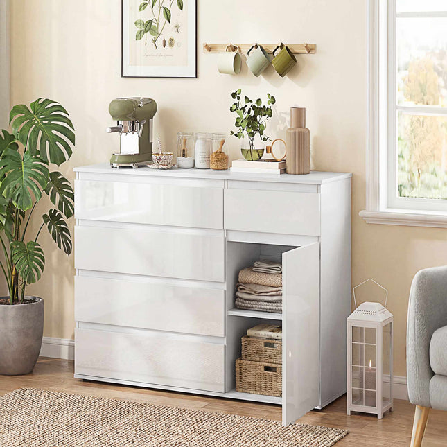 White Gloss Sideboard with 5 Drawers and Adjustable Shelf