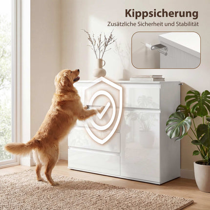 White Gloss Sideboard with 5 Drawers and Adjustable Shelf