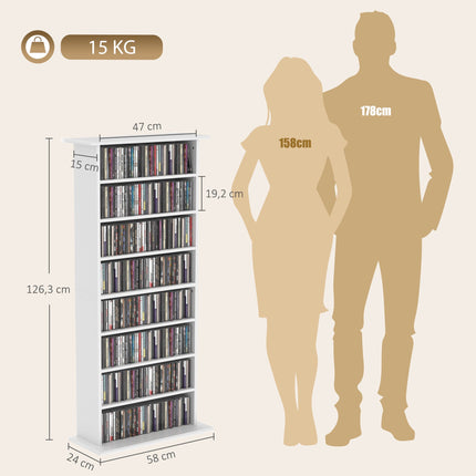 White Media Cabinet, 8 Shelves, Adjustable, Holds 360 CDs