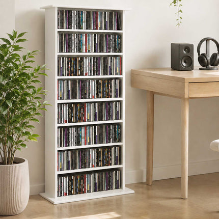 White Media Cabinet, 8 Shelves, Adjustable, Holds 360 CDs