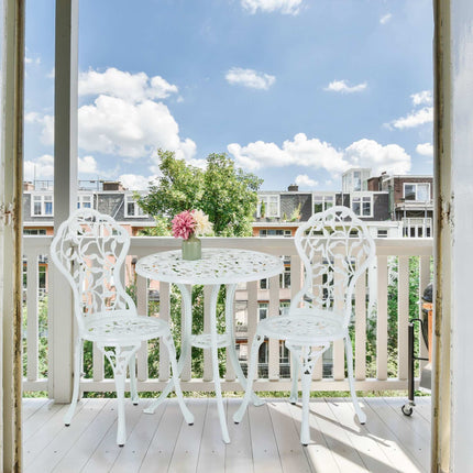 White Metal Bistro Set – Table & 2 Chairs, Leaf Pattern