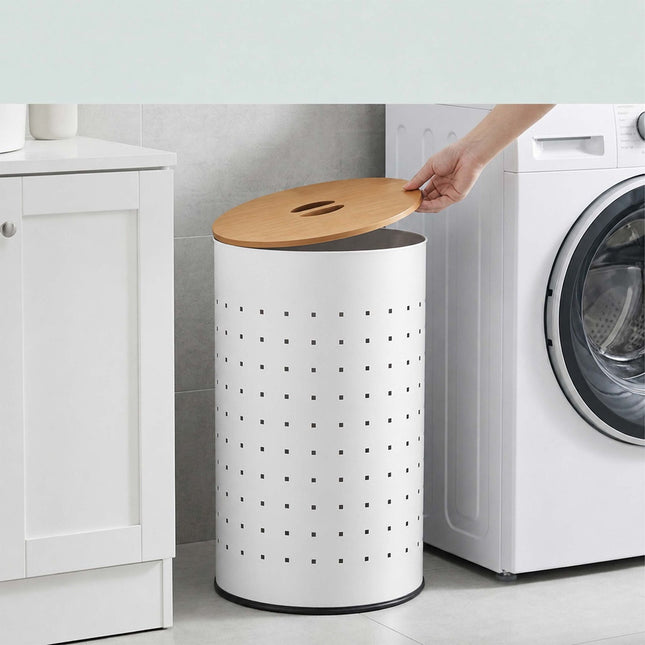 White Metal Laundry Bin with Wood Lid, 50L Capacity