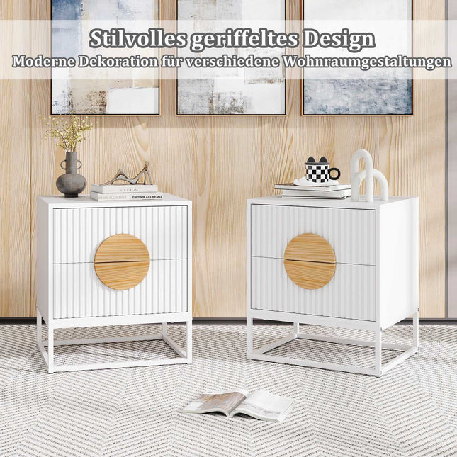 White Mid-Century Side Table with 2 Drawers & Metal Frame