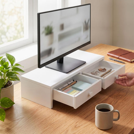 White Monitor Riser with 2 Drawers, MDF Material