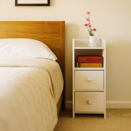 White Narrow Bedside Table with 2 Drawers