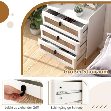 White Nightstand with 3 Rattan Drawers, Solid Wood Legs