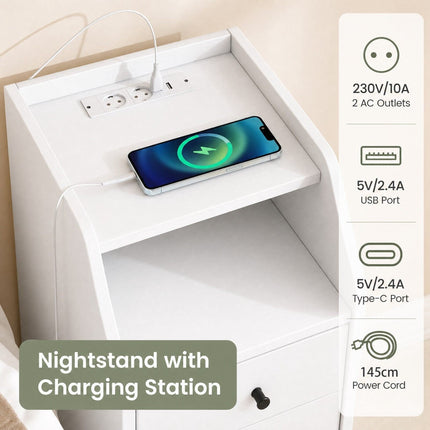 White Nightstand with USB, Type-C Ports & Drawers