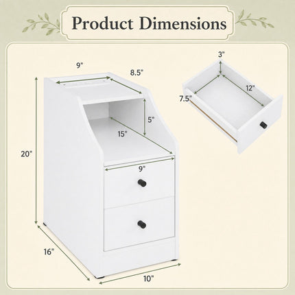 White Nightstand with USB, Type-C Ports & Drawers