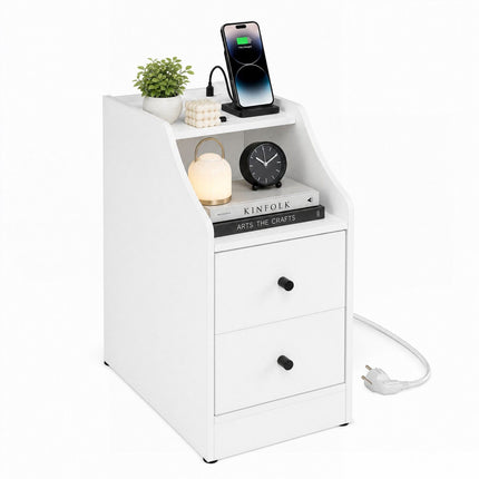 White Nightstand with USB, Type-C Ports & Drawers