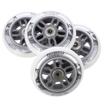 White PU Skateboard Wheels Set, 90x24 82A, ABEC-7 Bearings