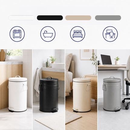 White Retro Pedal Bin, 12L Capacity, Soft-Close Lid