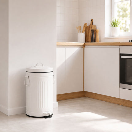 White Retro Pedal Bin, 12L Capacity, Soft-Close Lid