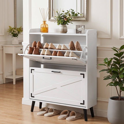 White Shoe Cabinet, 2 Drop-Down Drawers, 80x24x103 cm