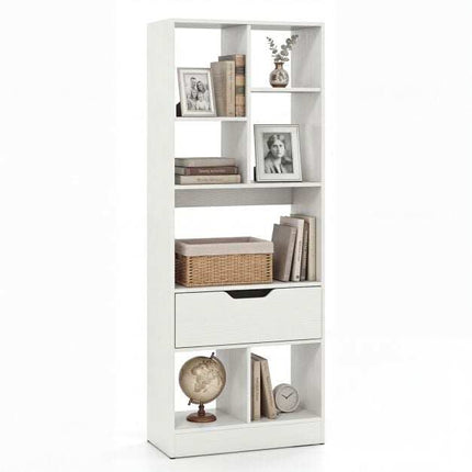 White Tall Bookshelf with Drawer and 7 Open Cubes