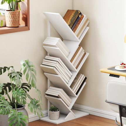 White Tree-Shaped Bookshelf, 7-Tier Narrow Design
