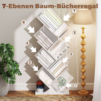 White Tree-Shaped Bookshelf, 7-Tier Narrow Design