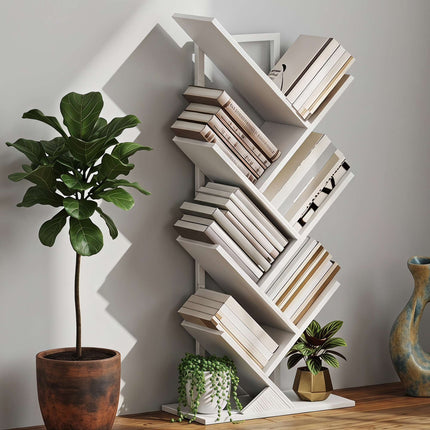 White Tree-Shaped Bookshelf, 7-Tier Narrow Design