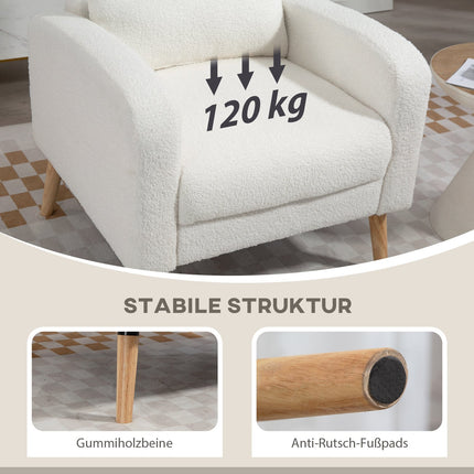 White Upholstered Armchair with Cushion, Rubberwood Legs