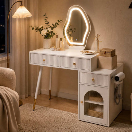 White Vanity Table with Mirror, Lighting, 3 Drawers