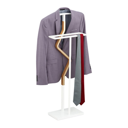 White Wood and Metal Valet Suit Stand