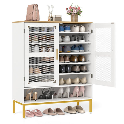White Wooden Shoe Cabinet with Adjustable Shelves & Mesh Doors