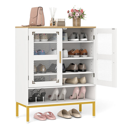 White Wooden Shoe Cabinet with Adjustable Shelves and Mesh Doors