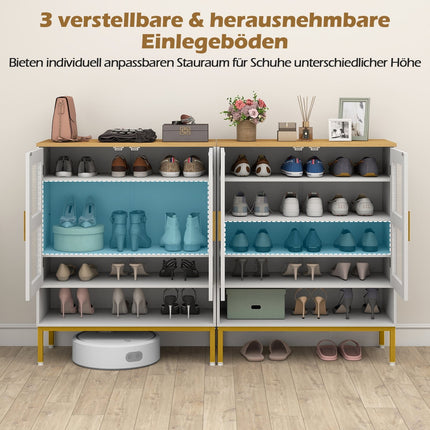White Wooden Shoe Cabinet with Adjustable Shelves and Mesh Doors