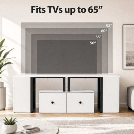 White Wooden TV Cabinet with Drawers and Open Compartments