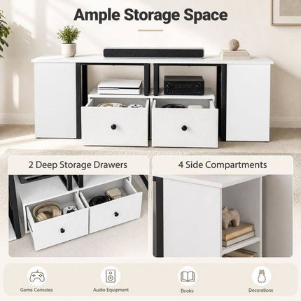 White Wooden TV Cabinet with Drawers and Open Compartments