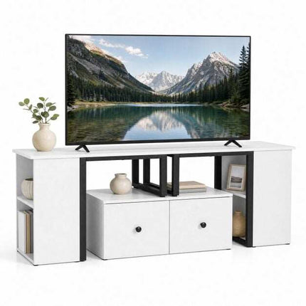 White Wooden TV Cabinet with Drawers and Open Compartments
