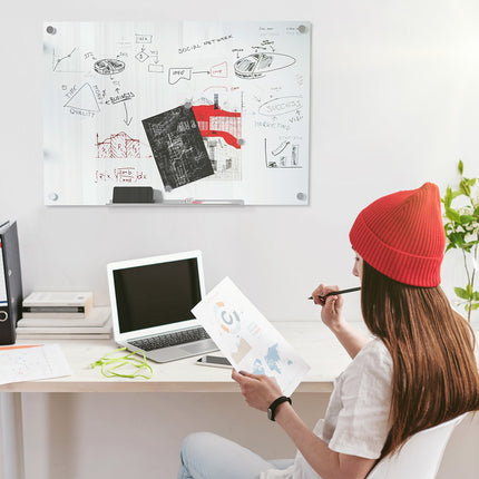 Whiteboard glass board, easel, shelf, 90x60Cm, 4 pens