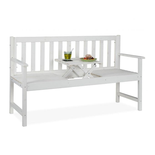 White garden bench with table
