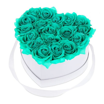 White heart-shaped rose box with 18 roses