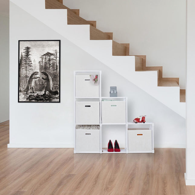 White multi-level shelf with 6 compartments