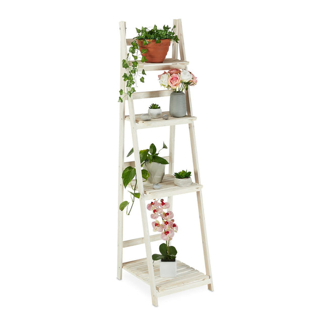 White stairs with wooden flowers
