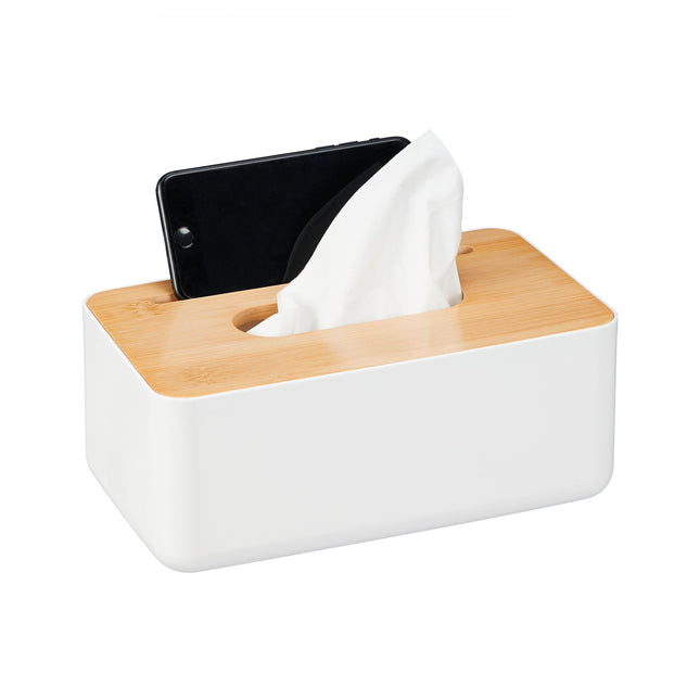 White tissue box with bamboo lid
