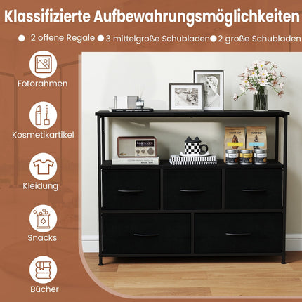 Wide Black Dresser with 5 Drawers & 2 Open Shelves