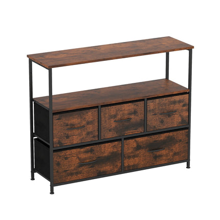 Wide Dresser with 2 Open Shelves, 5 Drawers, Metal Frame