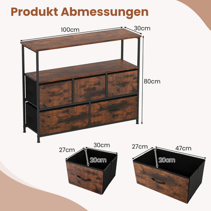 Wide Dresser with 2 Open Shelves, 5 Drawers, Metal Frame