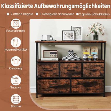 Wide Dresser with 2 Open Shelves, 5 Drawers, Metal Frame